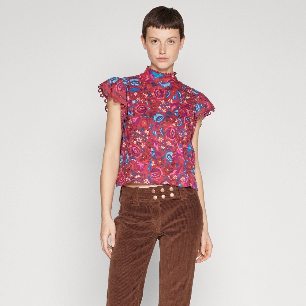 FARM Rio Vibrant Pink Floral Ruffle-Neck Top with Blue Accents